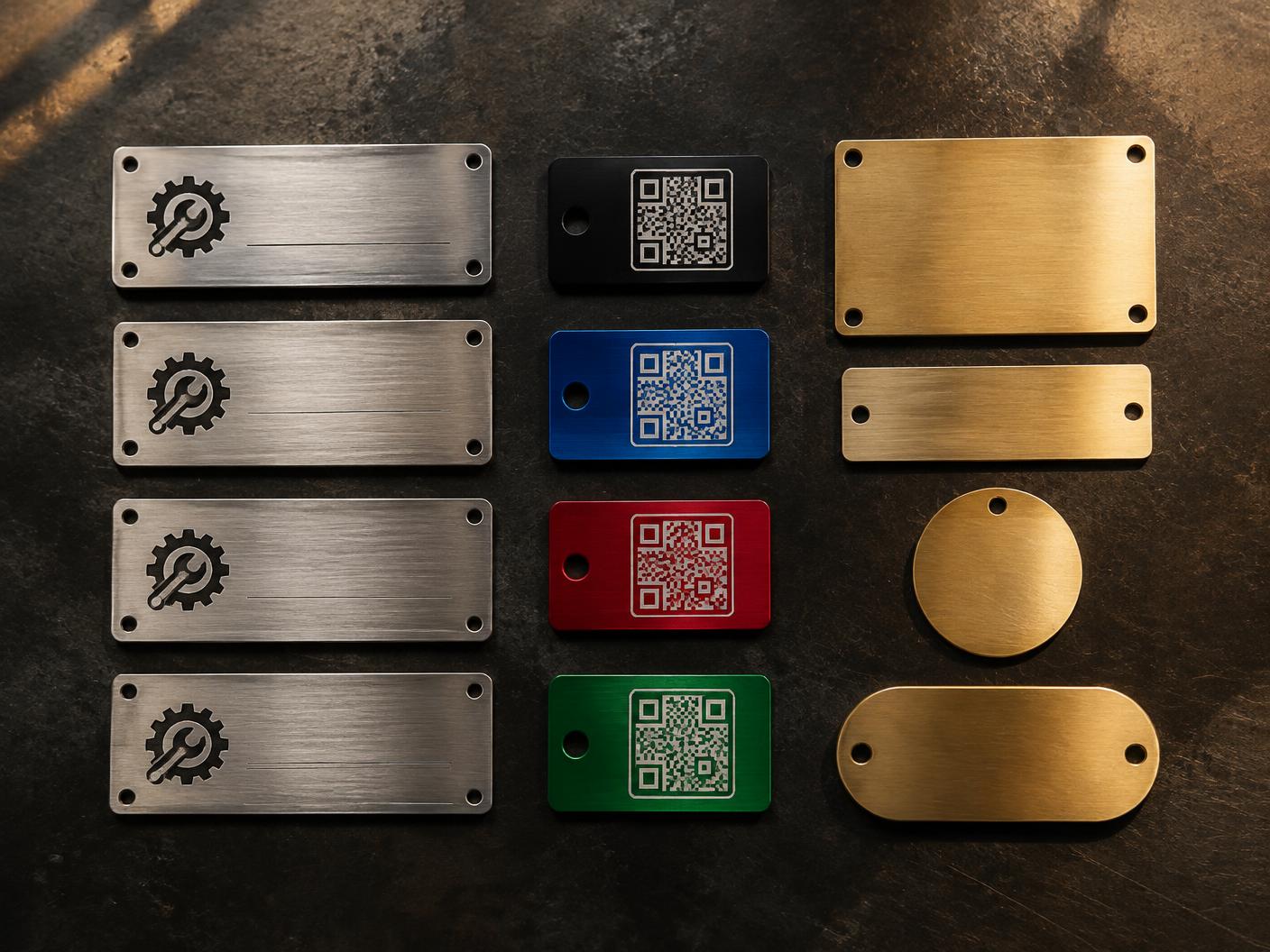 Laser-engraved serial plates, asset tags and brass labels ready for commercial production