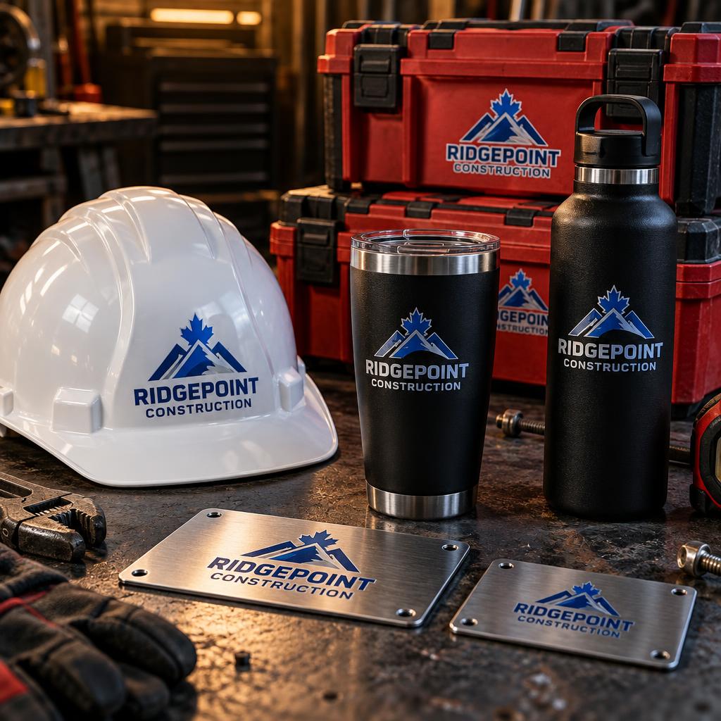 Hard hat, tumblers, toolboxes and steel plates branded with UV DTF company logos