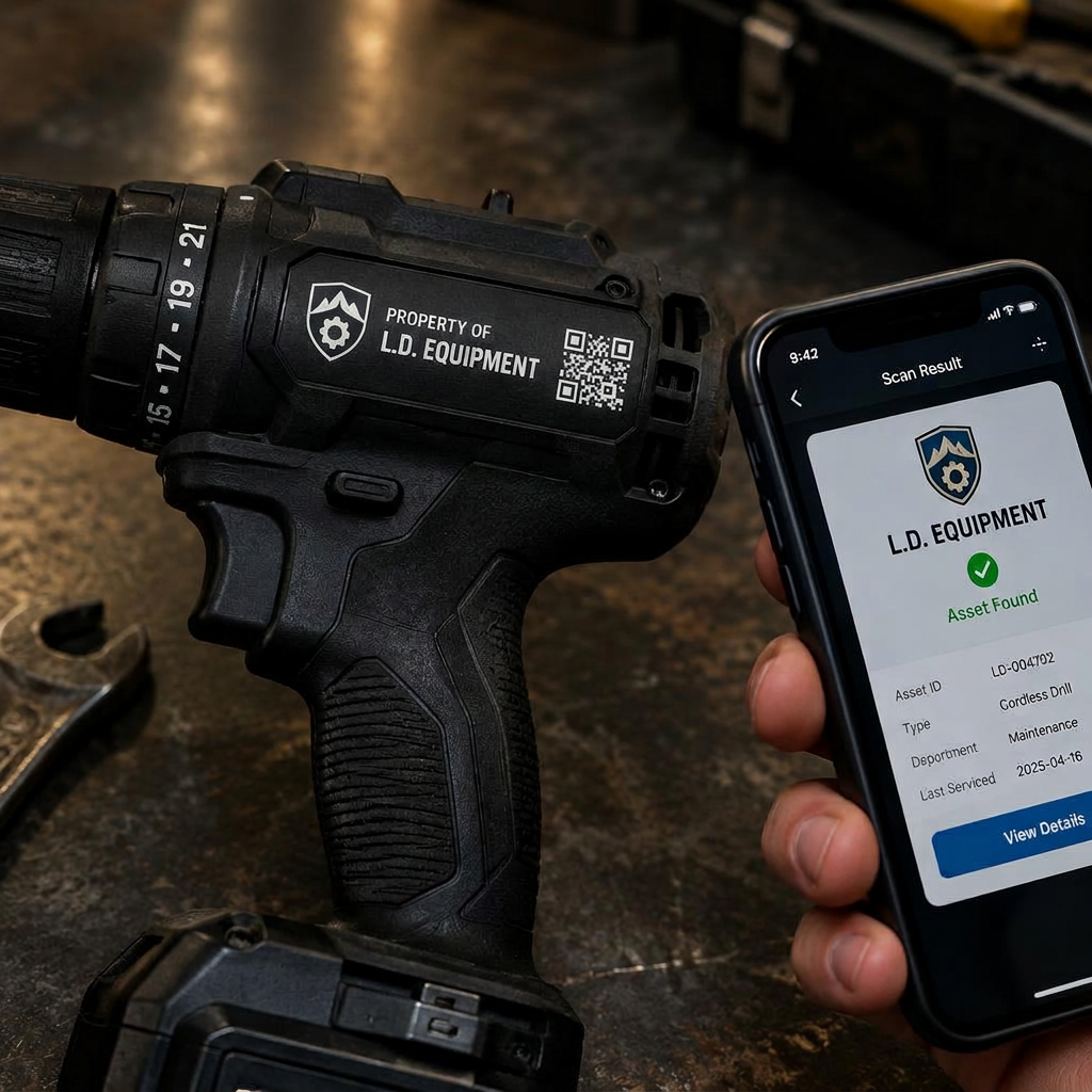 White die-cut QR identification decal applied directly to a power tool with a phone scanning it